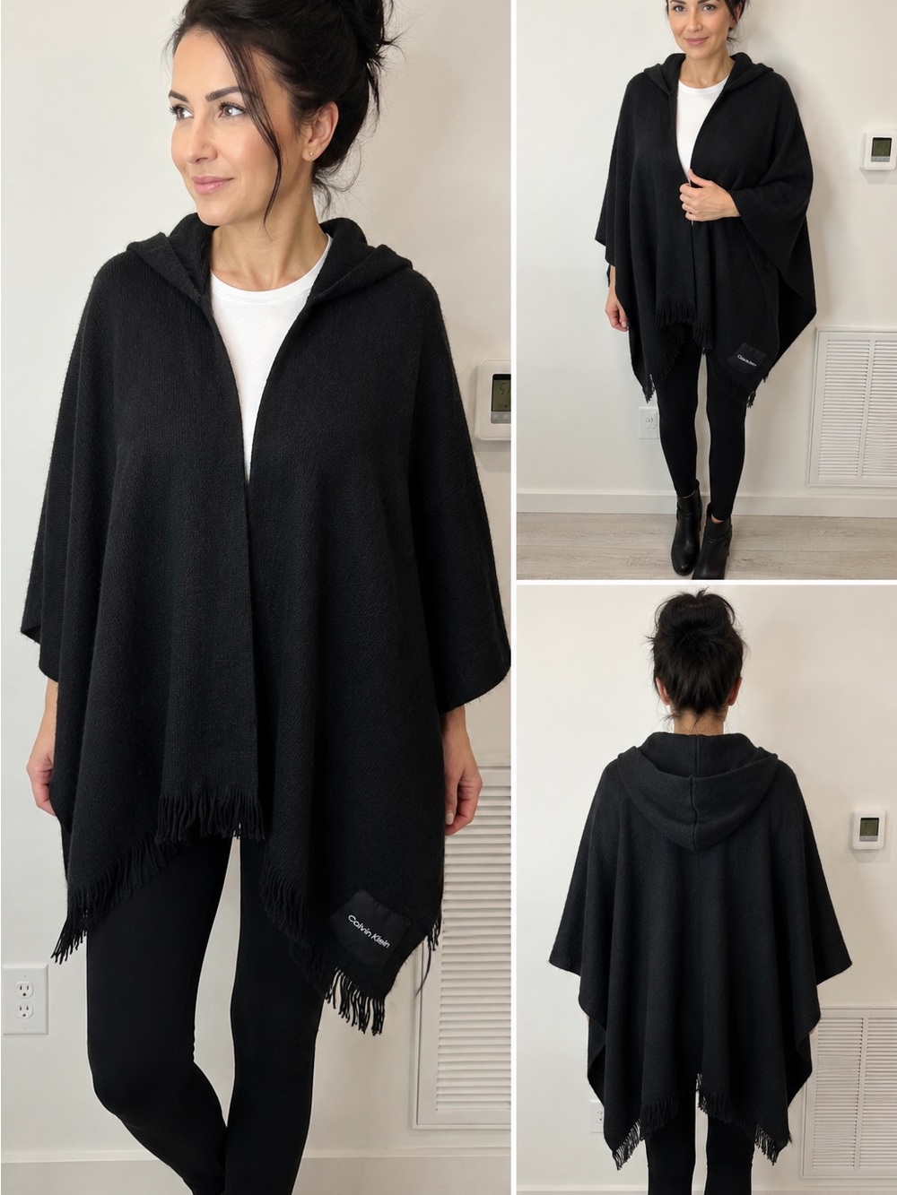 Calvin Klein Hooded Fringe Poncho Wrap – One Size – NWT